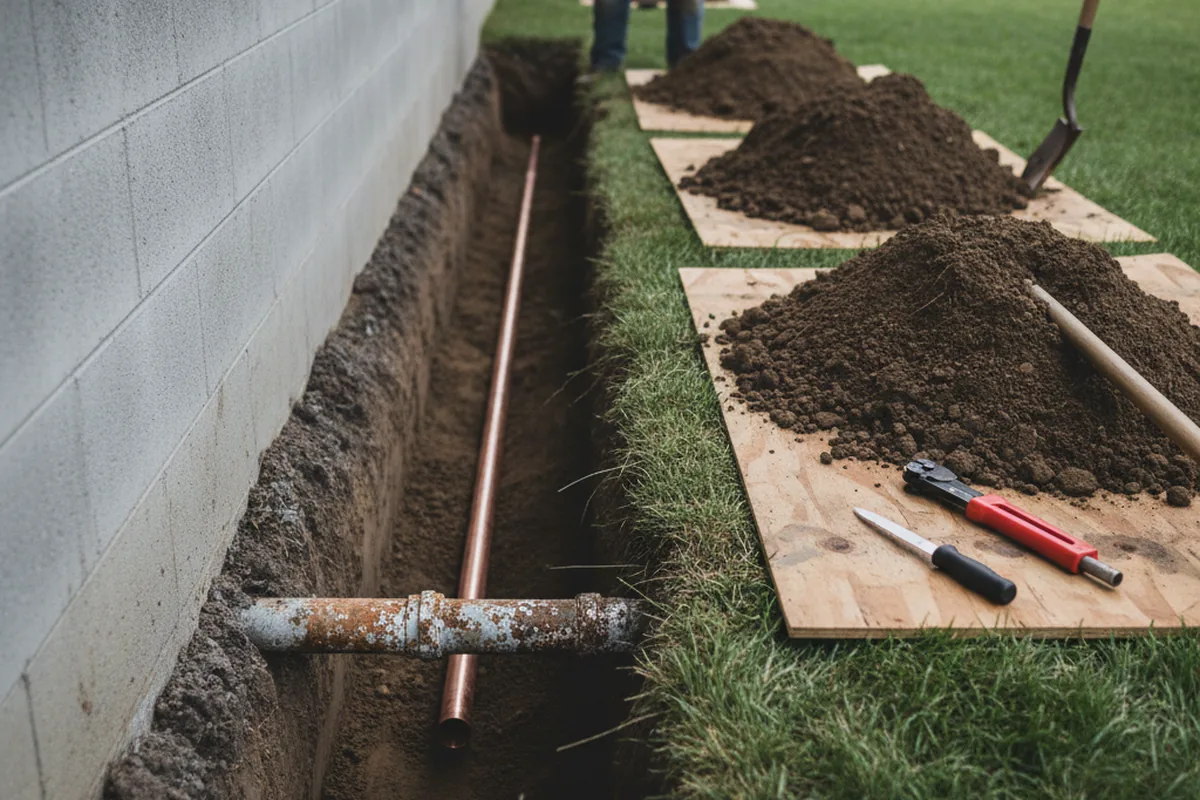 Excavated water line trench during Water Heater Repair in Breese